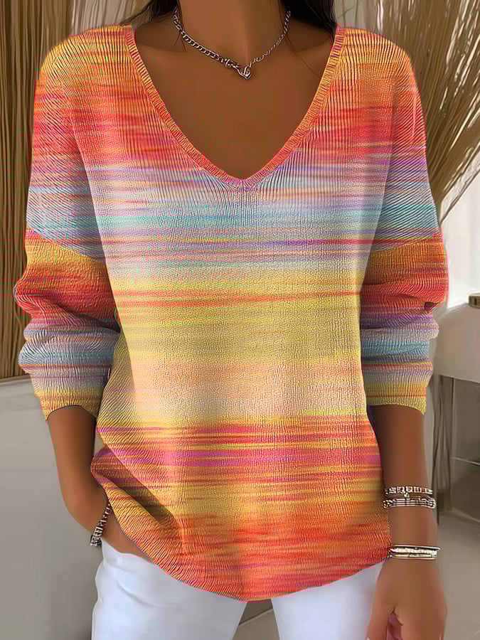 Avalina – Gestreifter Pullover Mit V-Ausschnitt Und Farbverlauf