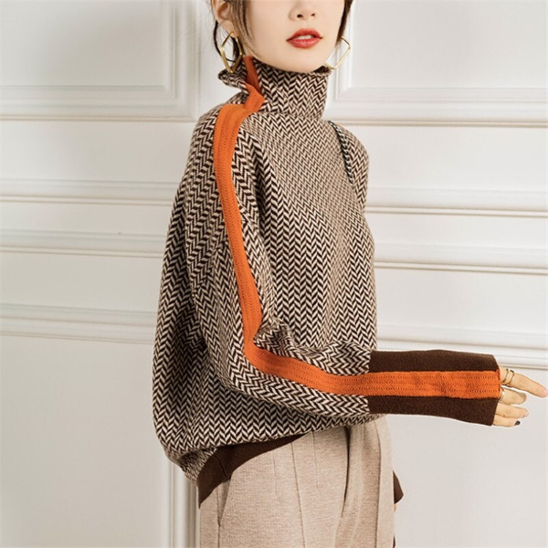 Heidemarie – Melierter Rollkragen pullover Mit Auffälligem Kontraststreifen