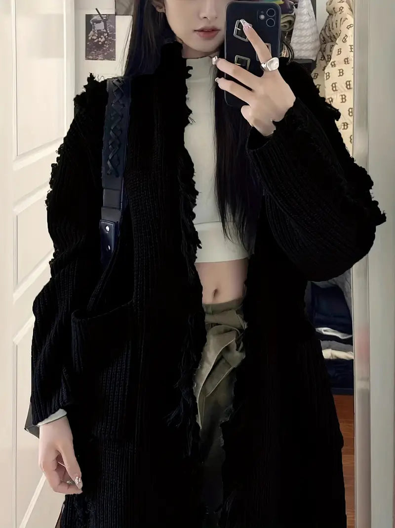 Ramziya – Eleganter Lange Quaste Strickjacke Mit Tasche