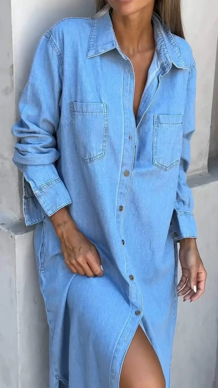 Vallina – Langärmliges Kleid aus Denim Mit Reverskragen
