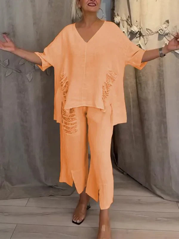 Himashi – Stilvoller Zweiteiliger Anzug Aus Baumwolle Und Leinen Mit V-Ausschnitt