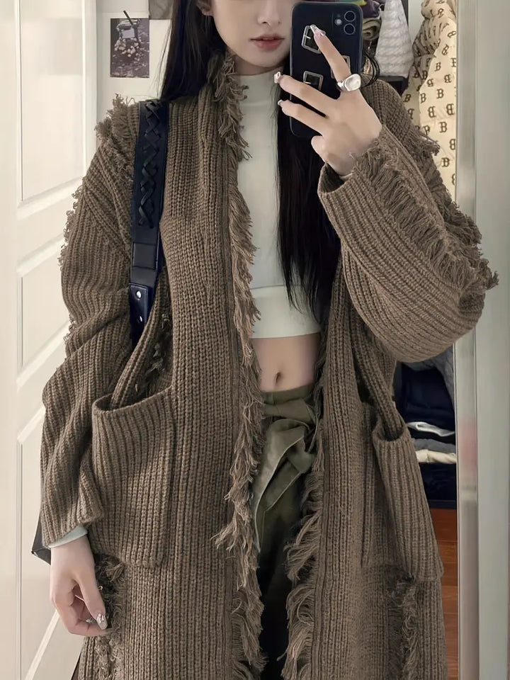 Ramziya – Eleganter Lange Quaste Strickjacke Mit Tasche