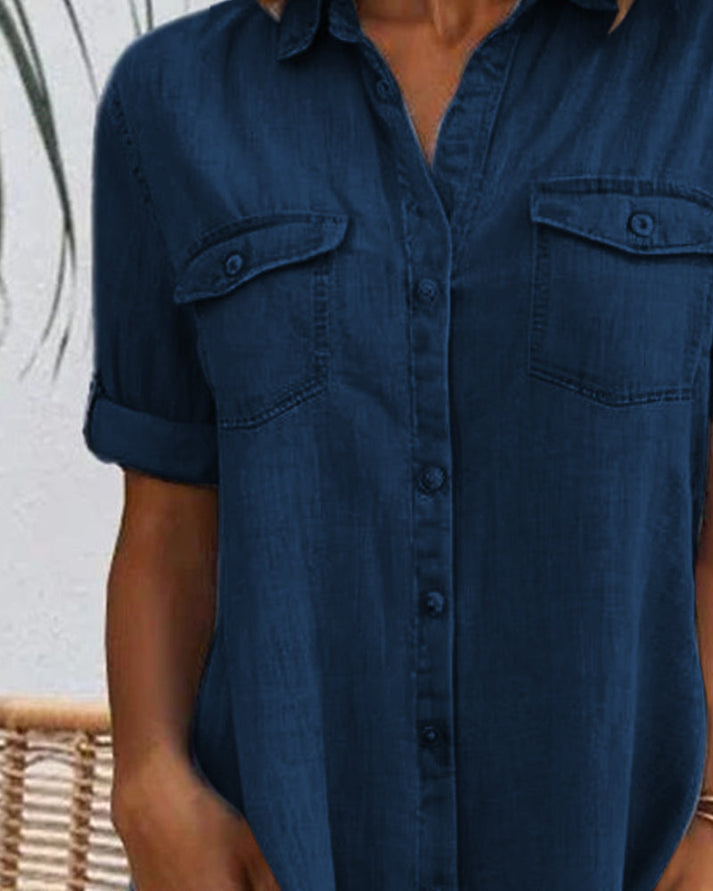 Sveta - Kurzärmeliges Denim-Kleid mit Knopfleiste