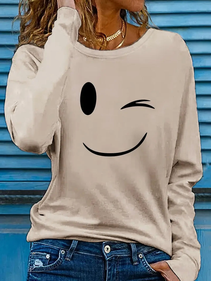 Odalina - Lässiges T-Hemd Mit Smiley Zwinkern Aufdruck
