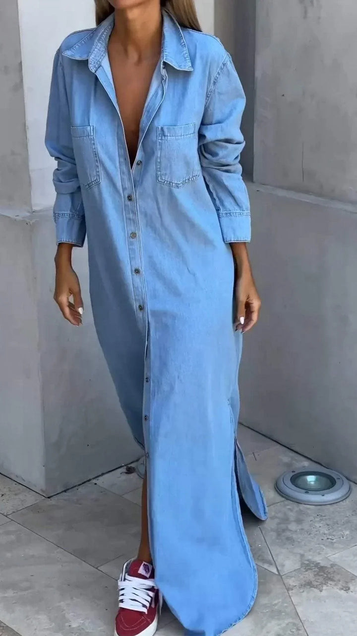 Vallina – Langärmliges Kleid aus Denim Mit Reverskragen