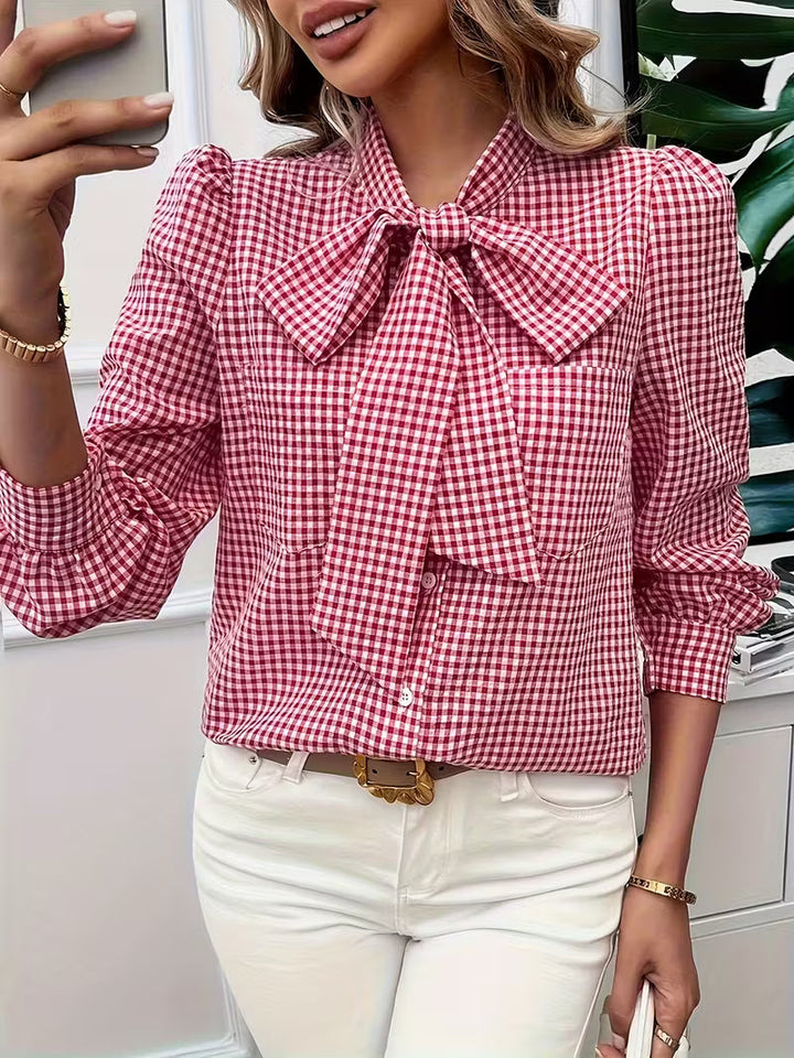 Meella – Elegante Bluse Mit Gingham Karo Muster Und Schleife