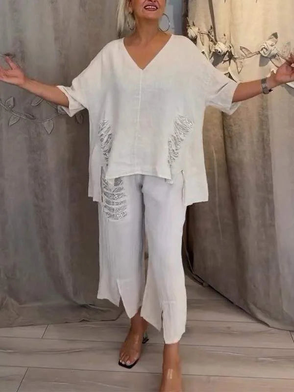 Himashi – Stilvoller Zweiteiliger Anzug Aus Baumwolle Und Leinen Mit V-Ausschnitt