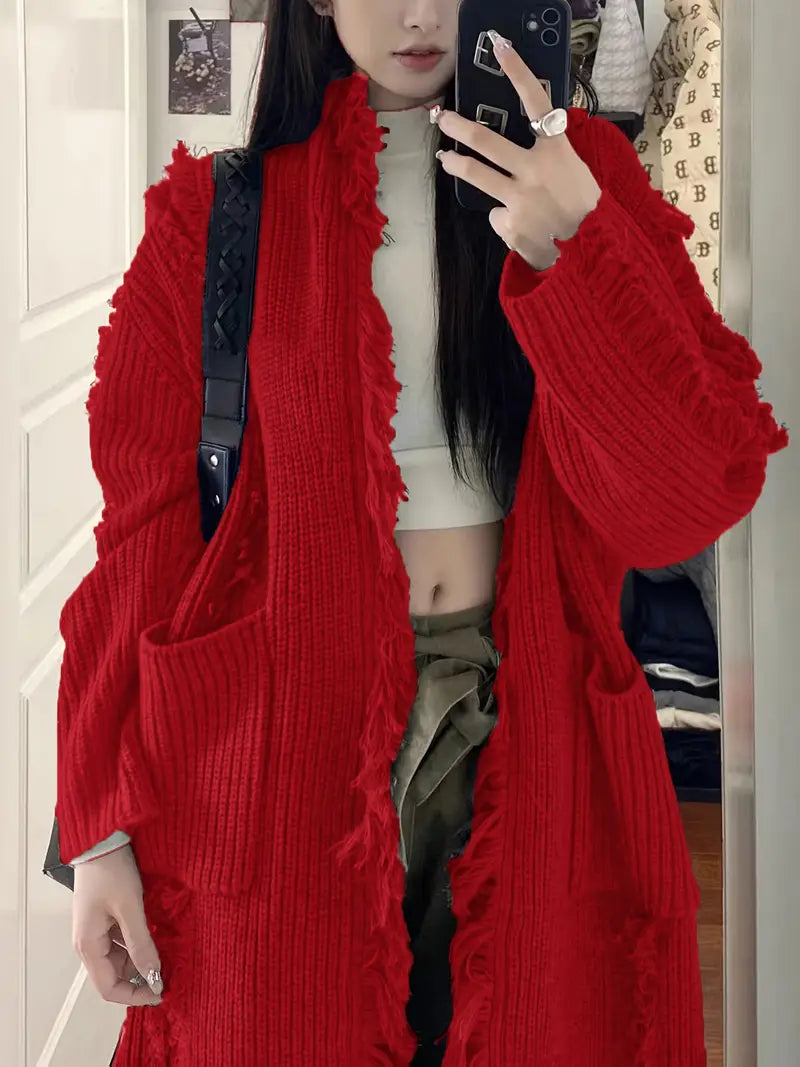 Ramziya – Eleganter Lange Quaste Strickjacke Mit Tasche