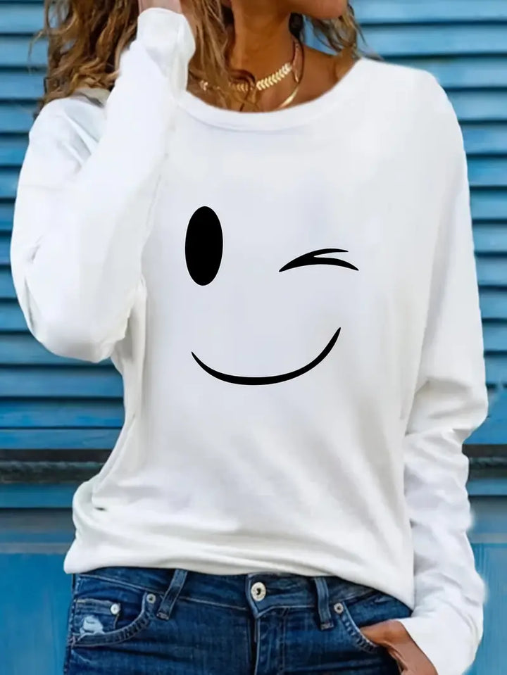 Odalina - Lässiges T-Hemd Mit Smiley Zwinkern Aufdruck