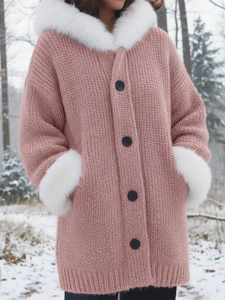 Nodia – Strickmantel Mit Kapuze Und Kunstfellbesatz