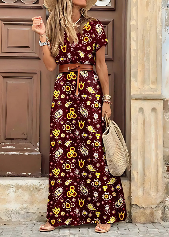 Briony – Elegantes Langes Kleid Mit Paisley Drucken Und Gürtel