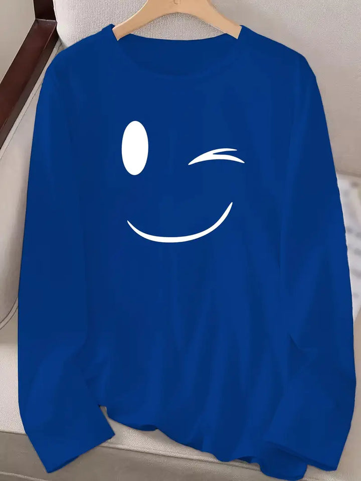 Odalina - Lässiges T-Hemd Mit Smiley Zwinkern Aufdruck