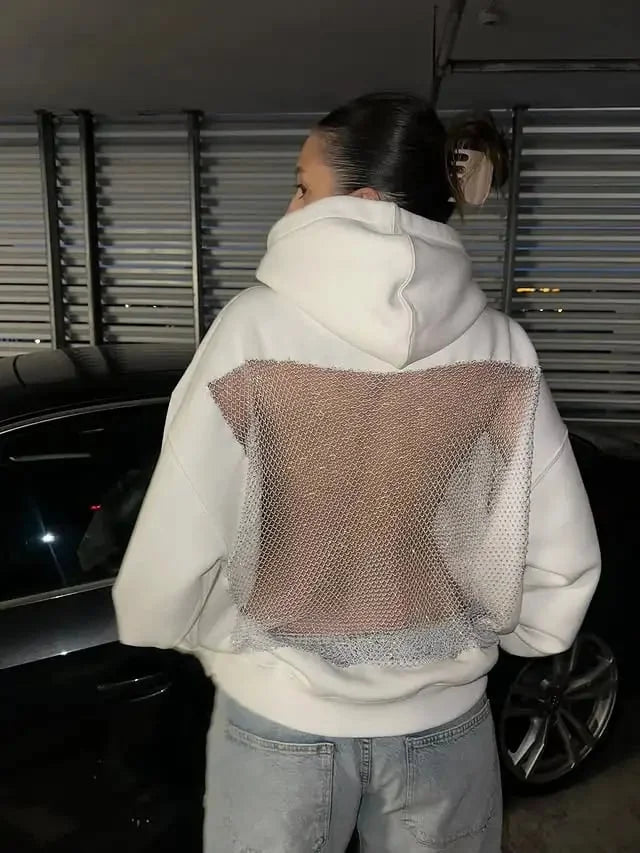 Yasmina – Rückenfreier Masche Glitzer Kapuzenpullover