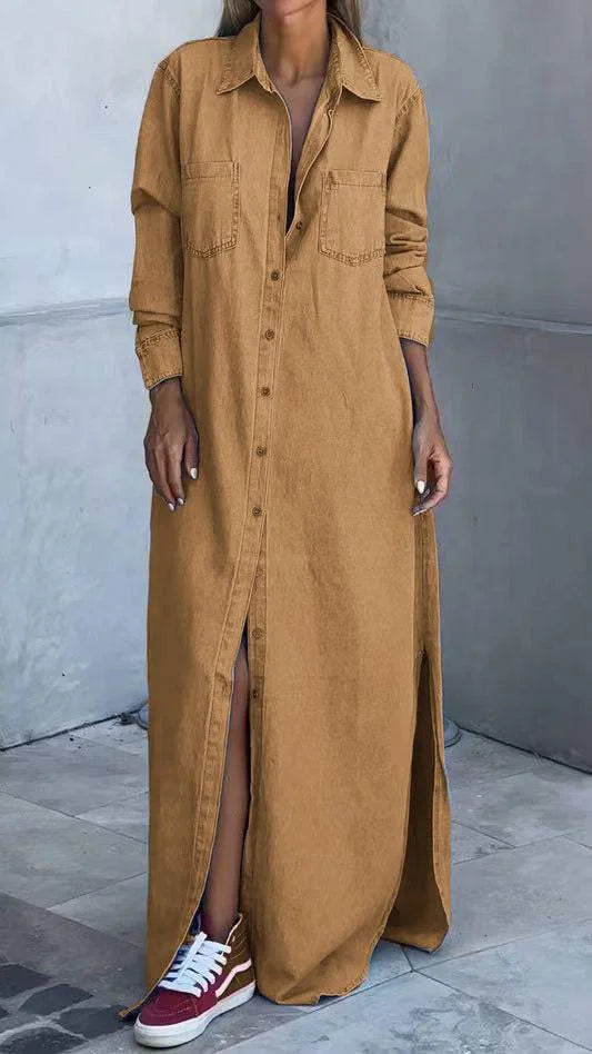 Vallina – Langärmliges Kleid aus Denim Mit Reverskragen