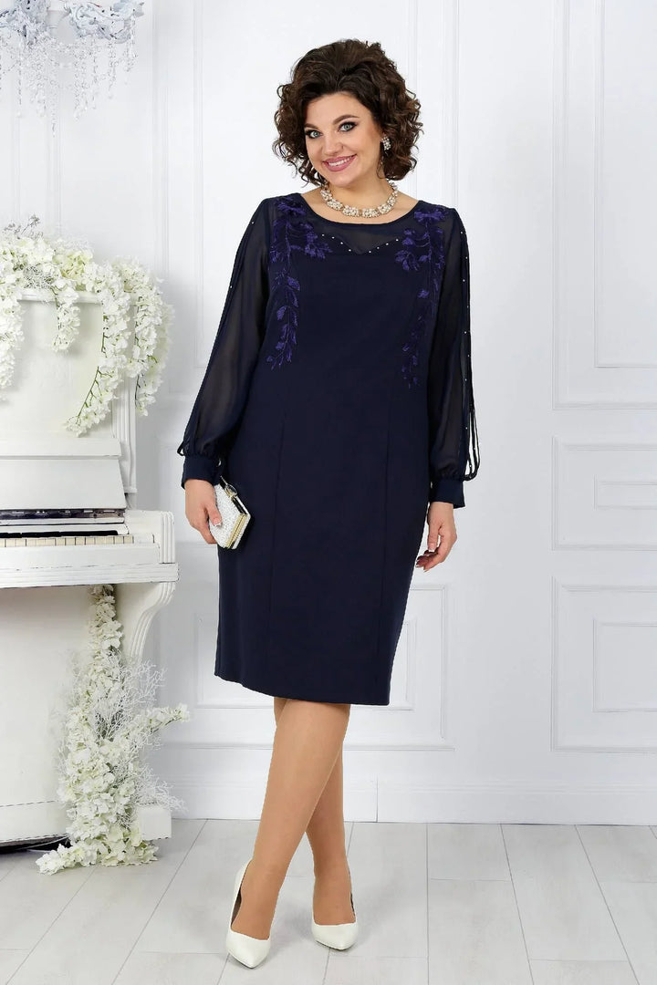 Katreen – Stilvolles Langarm Kleid Mit Blumen Stickerei
