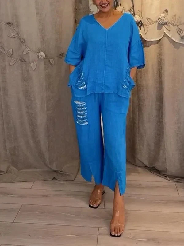 Himashi – Stilvoller Zweiteiliger Anzug Aus Baumwolle Und Leinen Mit V-Ausschnitt