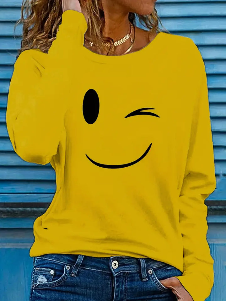 Odalina - Lässiges T-Hemd Mit Smiley Zwinkern Aufdruck