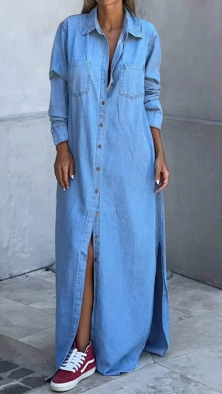 Vallina – Langärmliges Kleid aus Denim Mit Reverskragen
