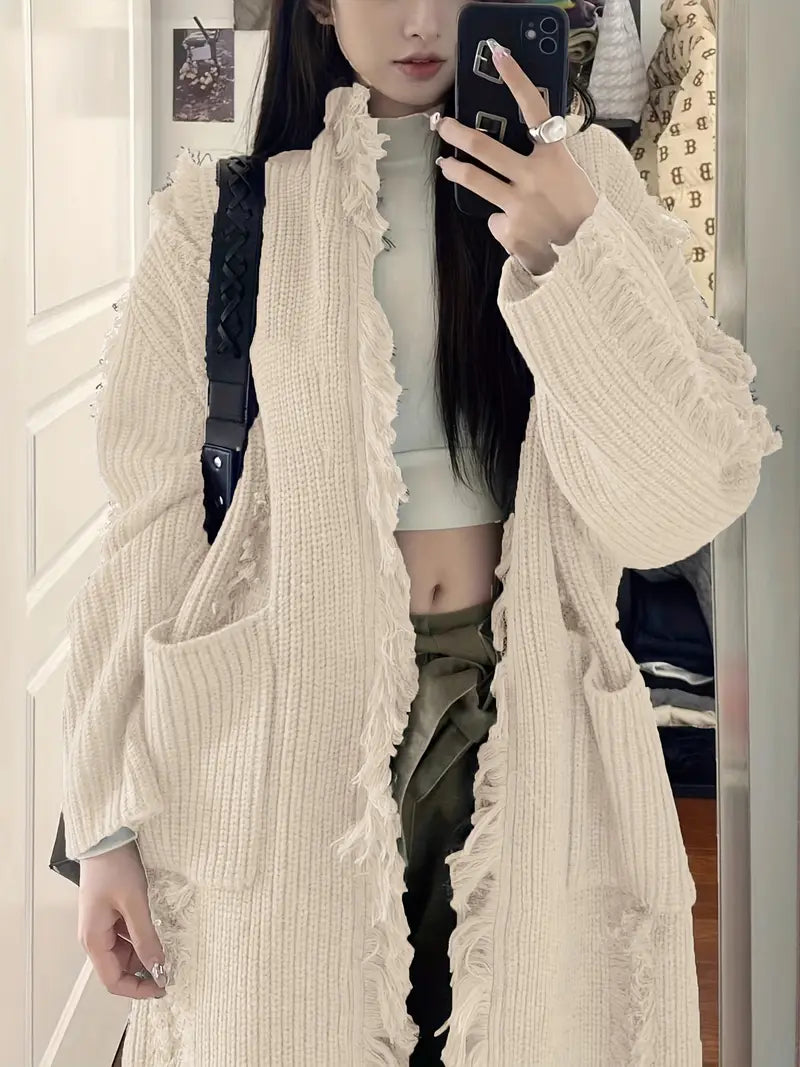 Ramziya – Eleganter Lange Quaste Strickjacke Mit Tasche