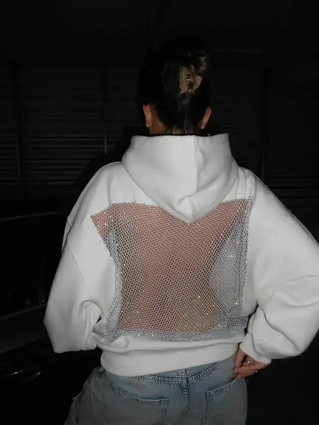 Yasmina – Rückenfreier Masche Glitzer Kapuzenpullover
