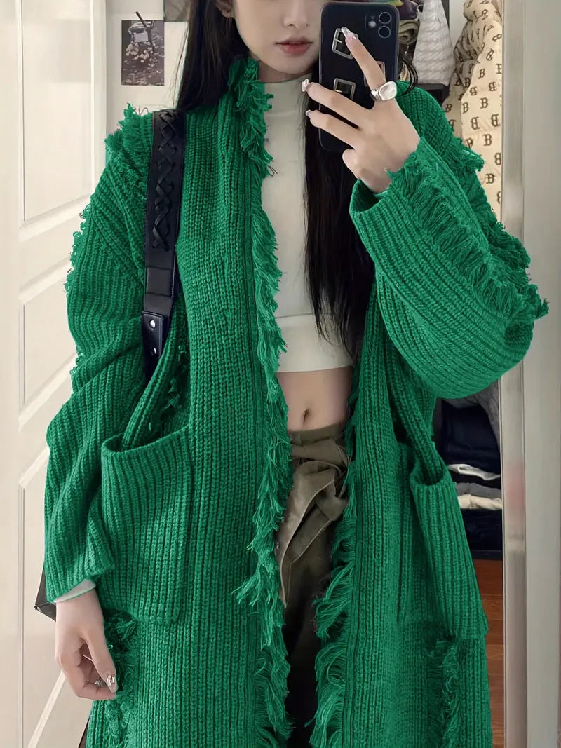 Ramziya – Eleganter Lange Quaste Strickjacke Mit Tasche