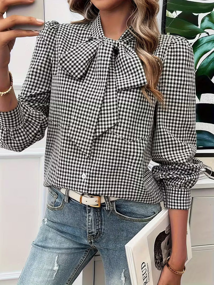 Meella – Elegante Bluse Mit Gingham Karo Muster Und Schleife