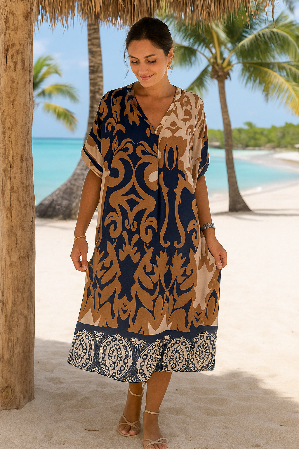 Rilana - V-Ausschnitt Und Lockeres Bedrucktes Midi Kleid