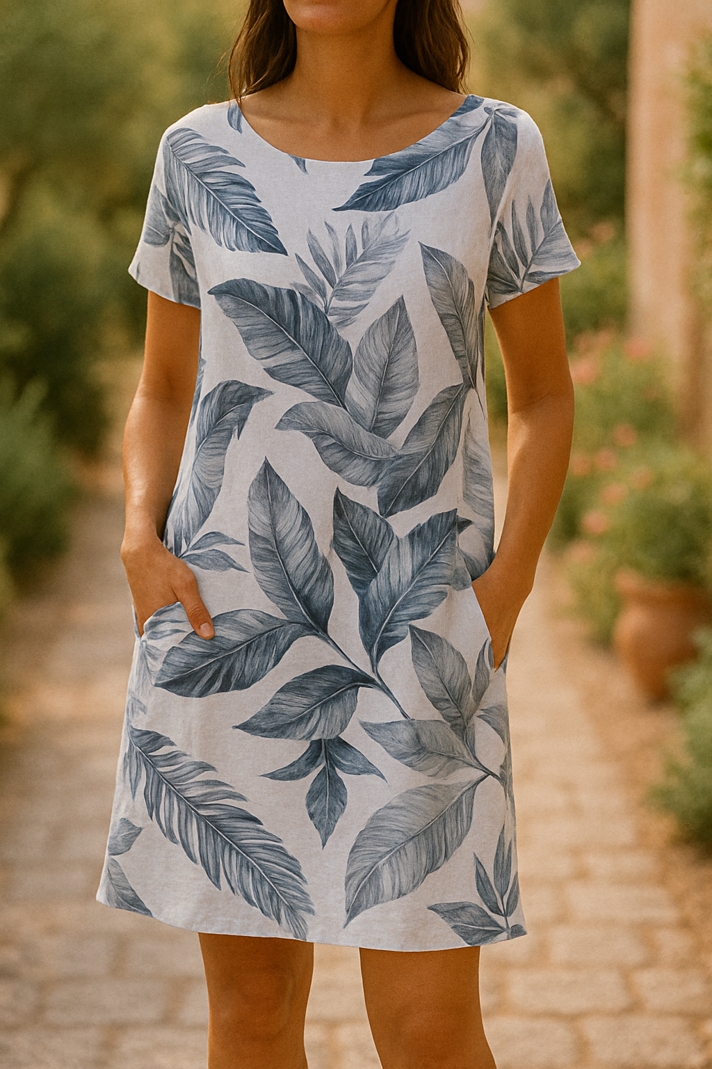 Frankie – Elegantes Leinen Kleid Mit Blattmuster