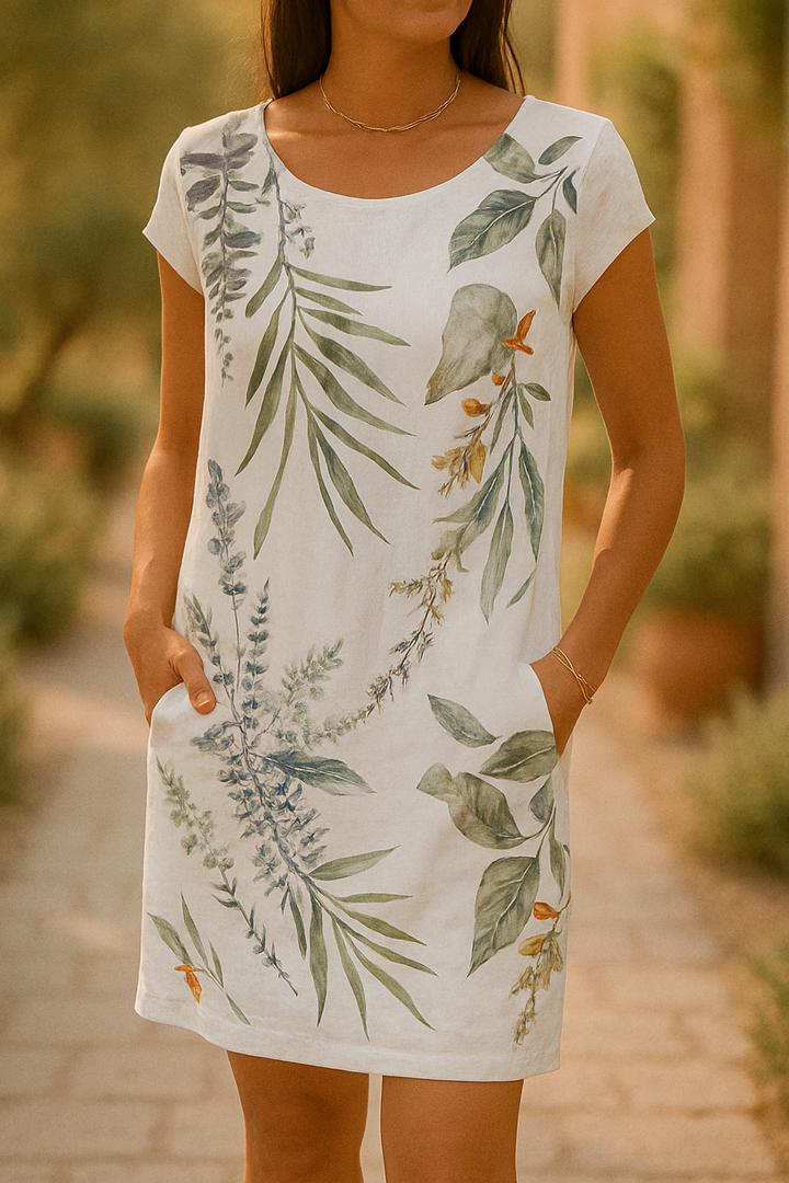 Frankie – Elegantes Leinen Kleid Mit Blattmuster