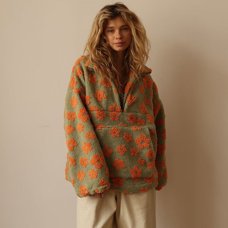Azelma – Langärmeliger Vlies Pullover Mit Blumen Muster