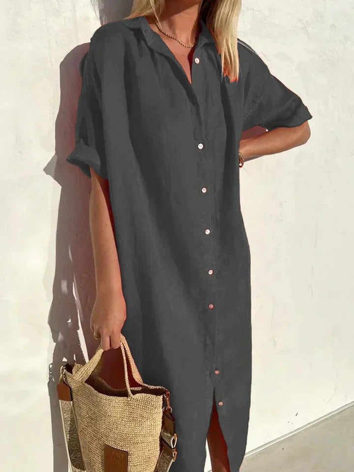 Janie - Elegantes Kleid Mit Knopfverschluss Und Leinen