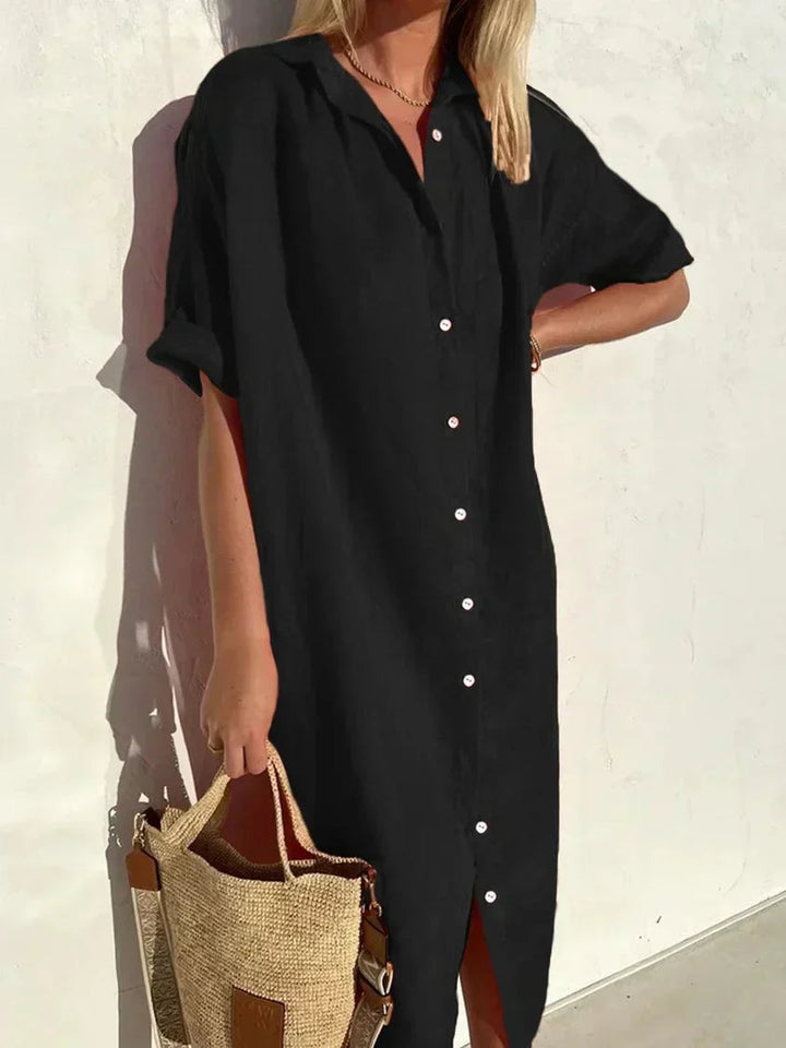 Janie - Elegantes Kleid Mit Knopfverschluss Und Leinen