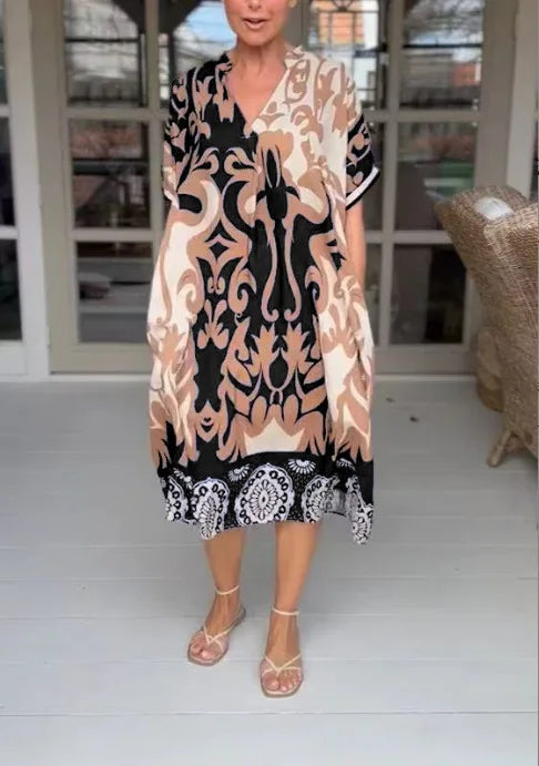 Rilana - V-Ausschnitt Und Lockeres Bedrucktes Midi Kleid