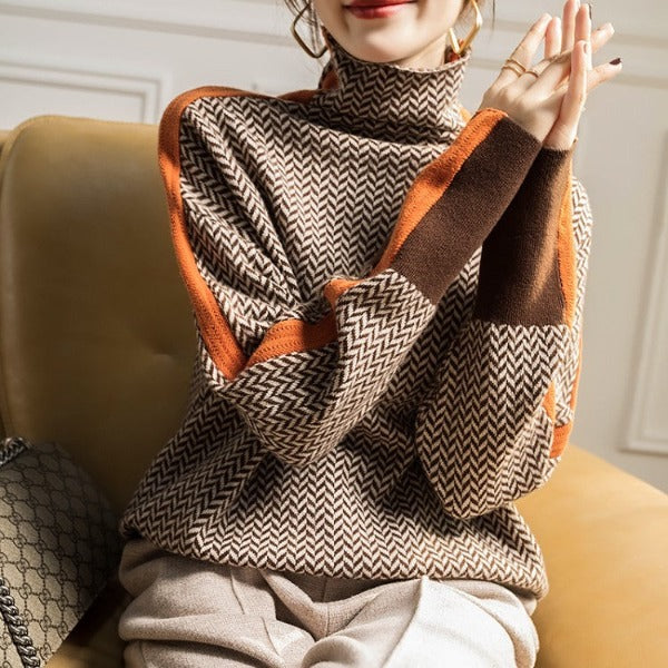 Heidemarie – Melierter Rollkragen pullover Mit Auffälligem Kontraststreifen