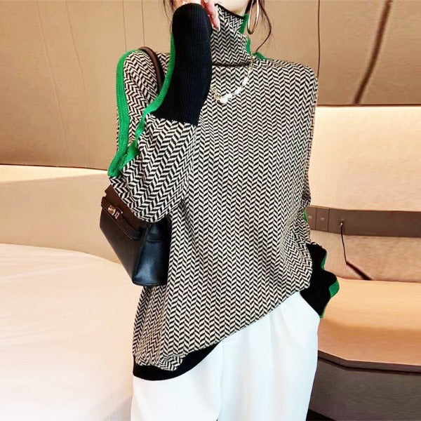 Heidemarie – Melierter Rollkragen pullover Mit Auffälligem Kontraststreifen