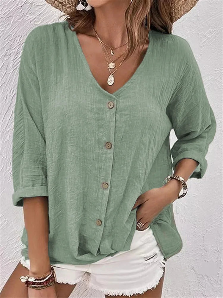 Rosalinda – Sommer Bluse Aus Leinen Mit Knöpfen
