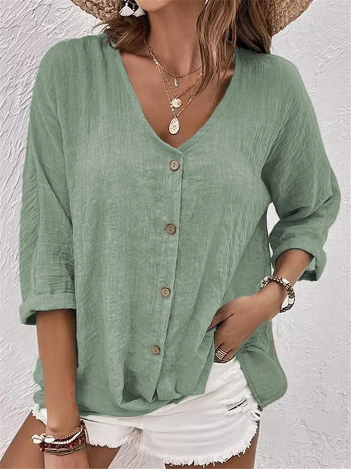Rosalinda – Sommer Bluse Aus Leinen Mit Knöpfen