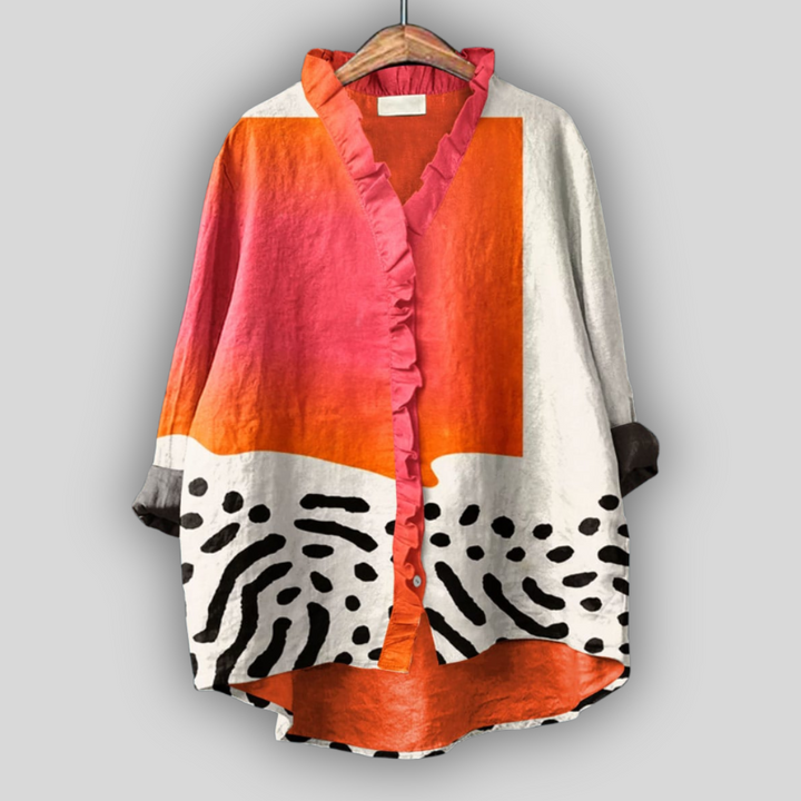 Calysta – Fließende Bluse Mit Abstraktem Drucken Und Rüschen