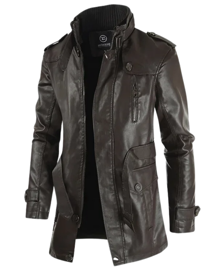 Krystain - Elegante Lange Leder Biker Jacke