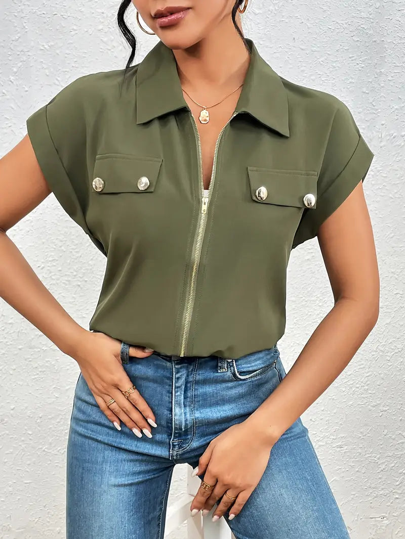 Alfano – Elegante Kurzarm Bluse Mit Reißverschluss