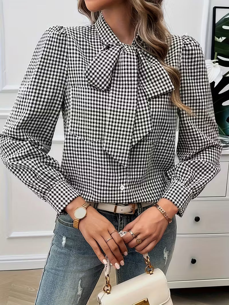 Meella – Elegante Bluse Mit Gingham Karo Muster Und Schleife