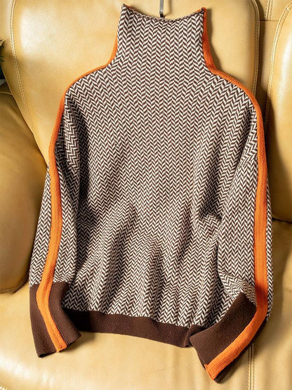 Heidemarie – Melierter Rollkragen pullover Mit Auffälligem Kontraststreifen