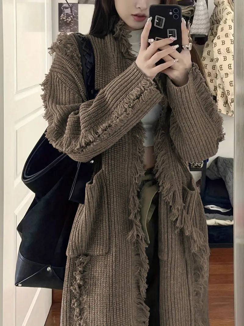 Ramziya – Eleganter Lange Quaste Strickjacke Mit Tasche