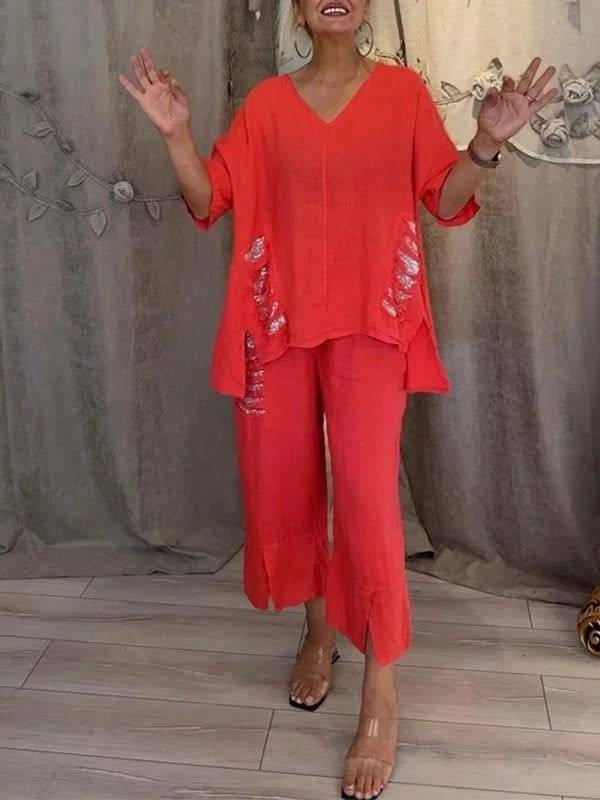 Himashi – Stilvoller Zweiteiliger Anzug Aus Baumwolle Und Leinen Mit V-Ausschnitt