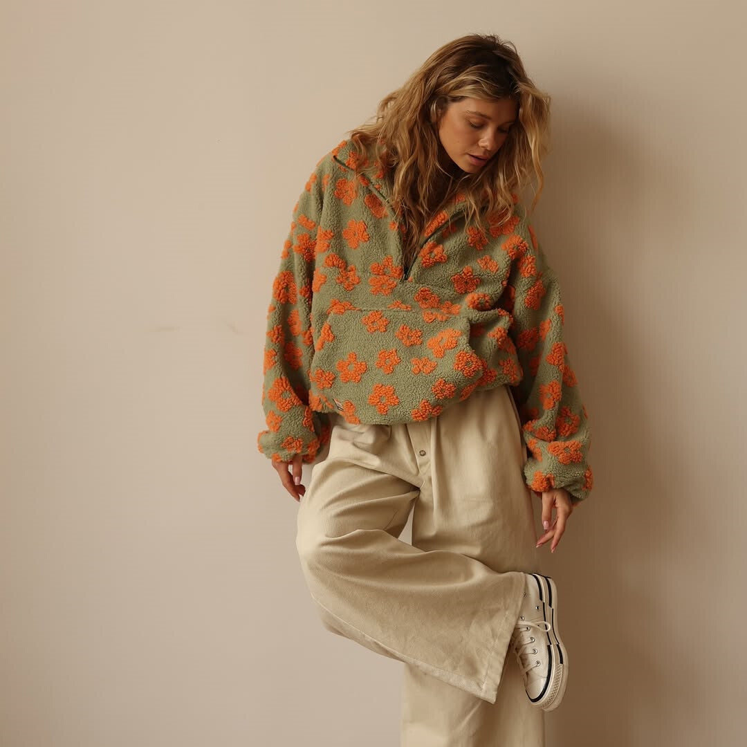 Azelma – Langärmeliger Vlies Pullover Mit Blumen Muster