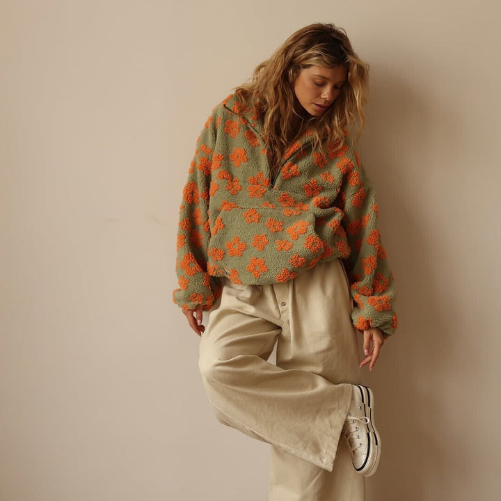 Azelma – Langärmeliger Vlies Pullover Mit Blumen Muster