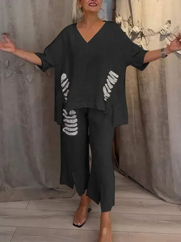 Himashi – Stilvoller Zweiteiliger Anzug Aus Baumwolle Und Leinen Mit V-Ausschnitt