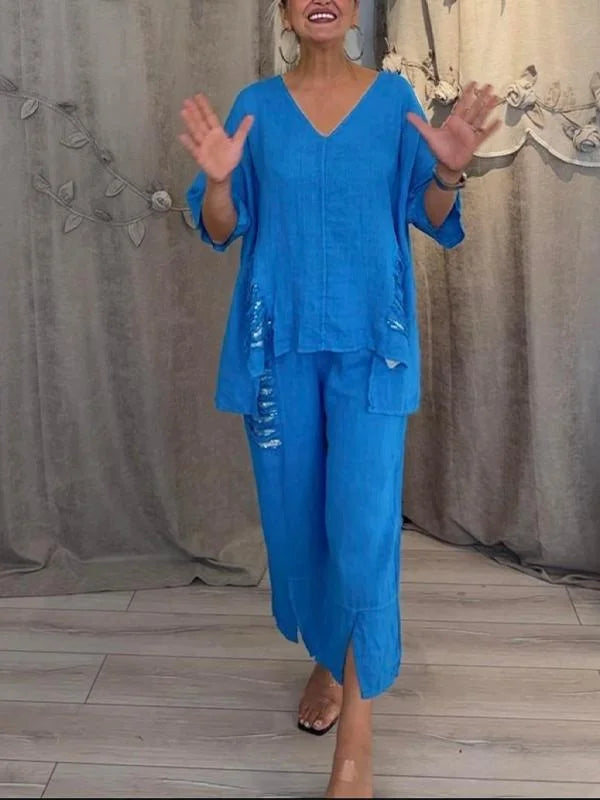 Himashi – Stilvoller Zweiteiliger Anzug Aus Baumwolle Und Leinen Mit V-Ausschnitt