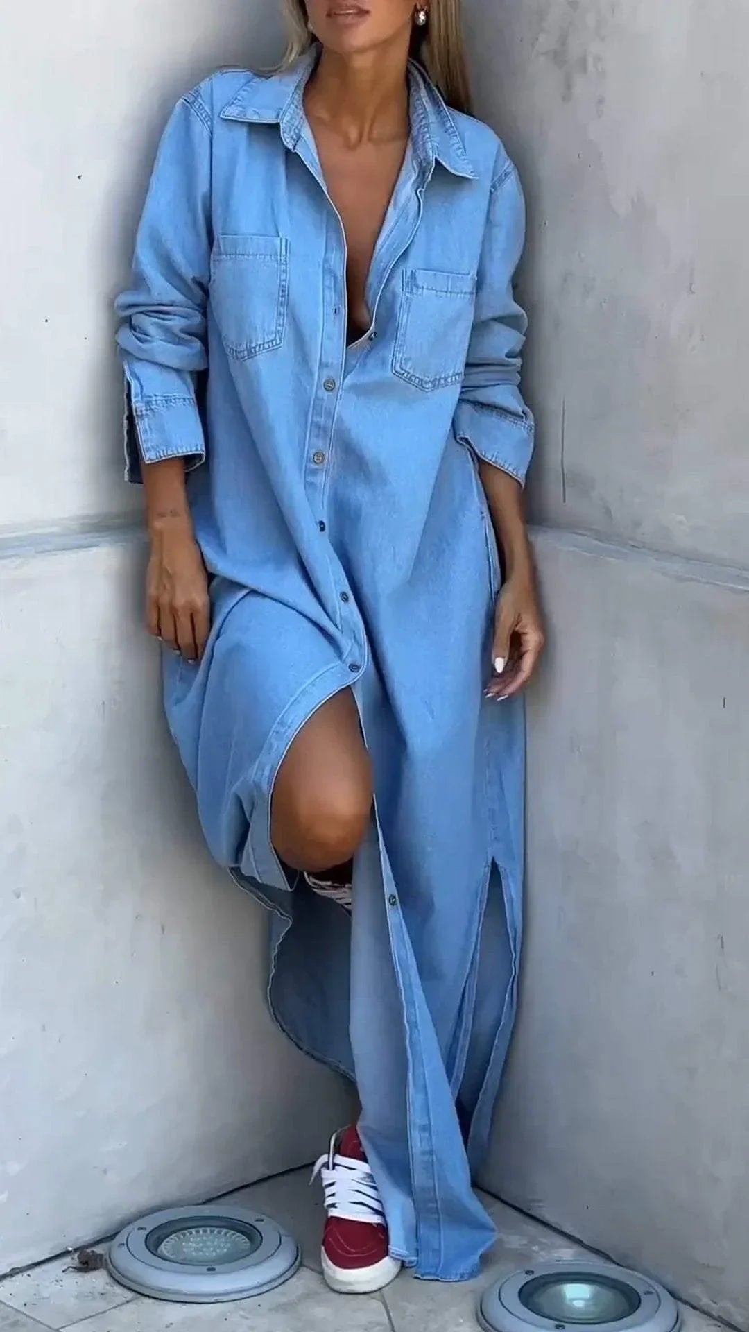 Vallina – Langärmliges Kleid aus Denim Mit Reverskragen
