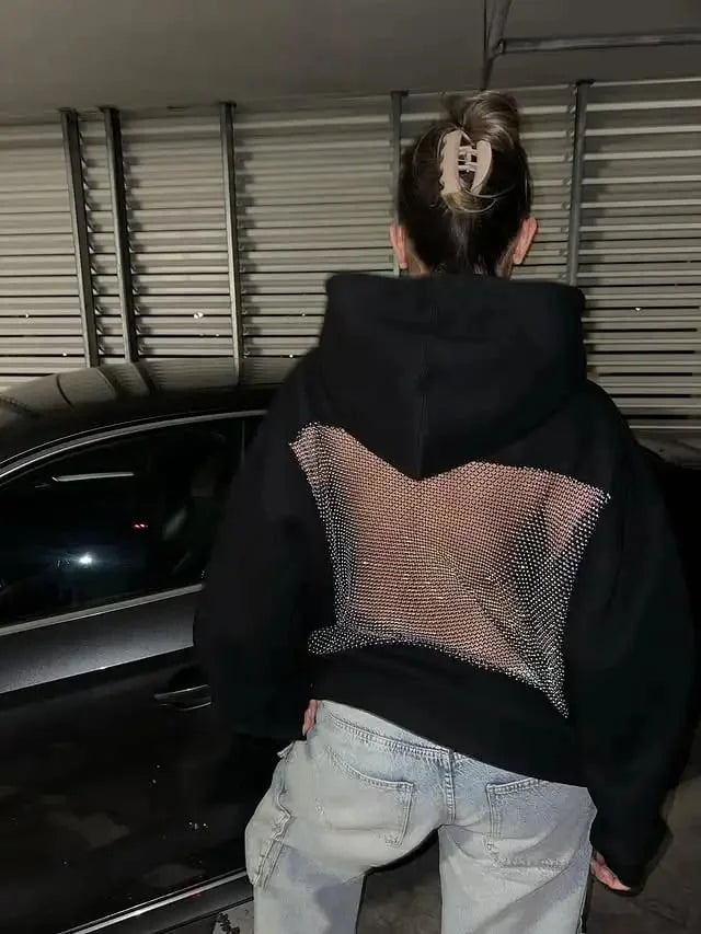 Yasmina – Rückenfreier Masche Glitzer Kapuzenpullover